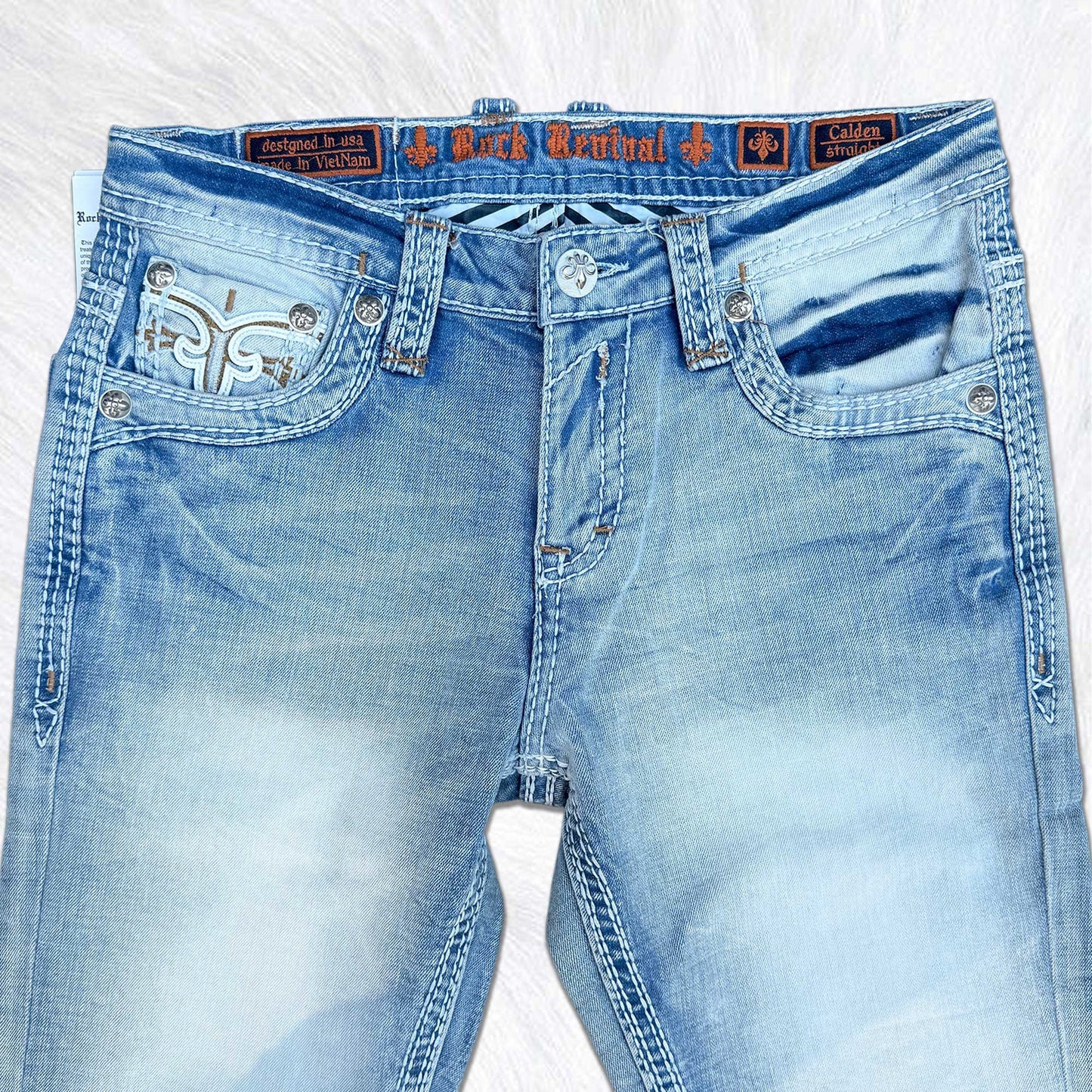 Rock Revival Calden Straight Jeans - Ice Wash Cross Fleur de Lis