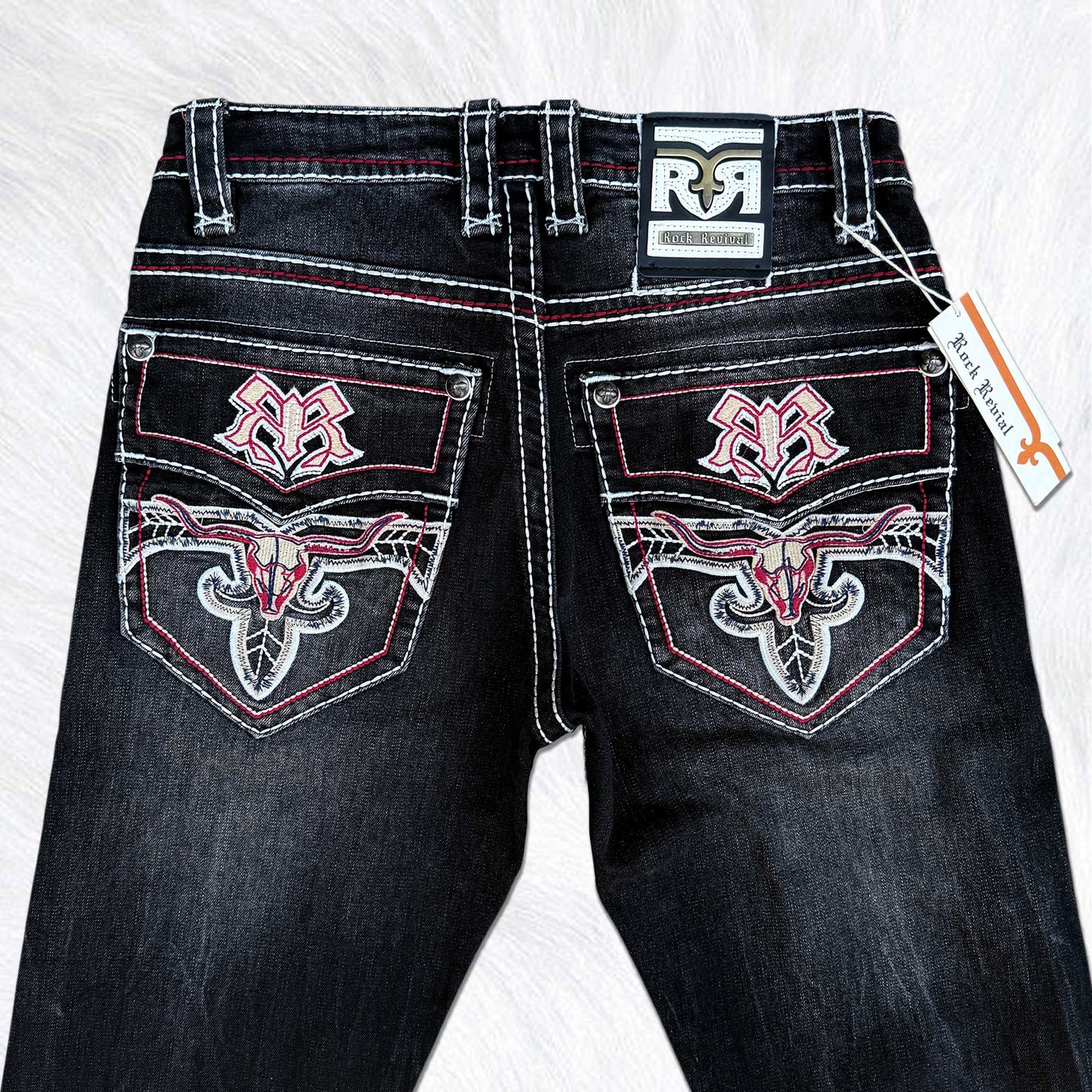 Rock Revival Calden Straight Jeans - Western Longhorn Bull Skull