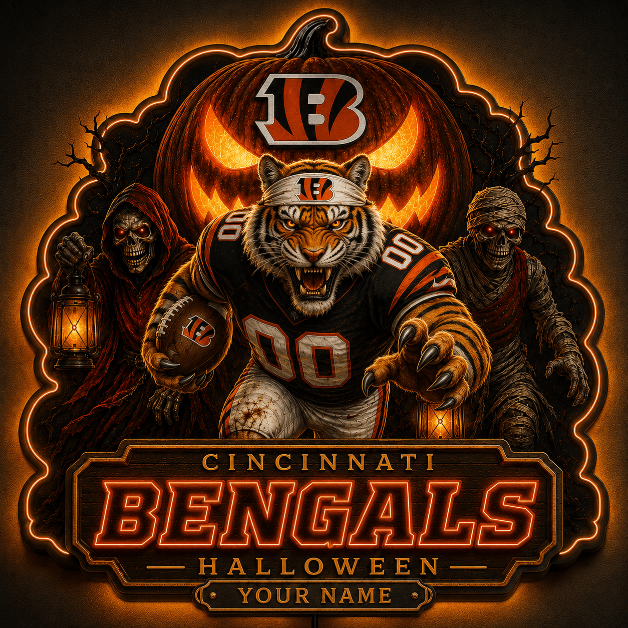 CIN x NFL Halloween Personalized Acrylic Wall Led Sign Colorful Colors Gifts For Fan
