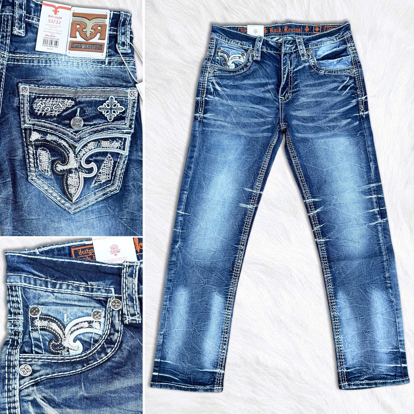 Rock Revival Calden Straight Jeans - Large Fleur de Lis Patch