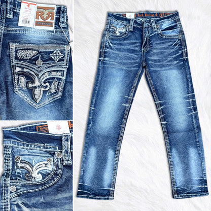 Rock Revival Calden Straight Jeans - Large Fleur de Lis Patch
