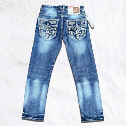 Rock Revival Calden Straight Jeans - Large Fleur de Lis Patch