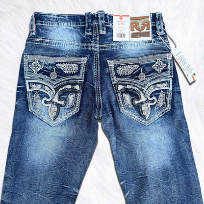 Rock Revival Calden Straight Jeans - Large Fleur de Lis Patch