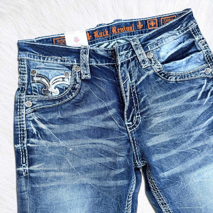 Rock Revival Calden Straight Jeans - Large Fleur de Lis Patch