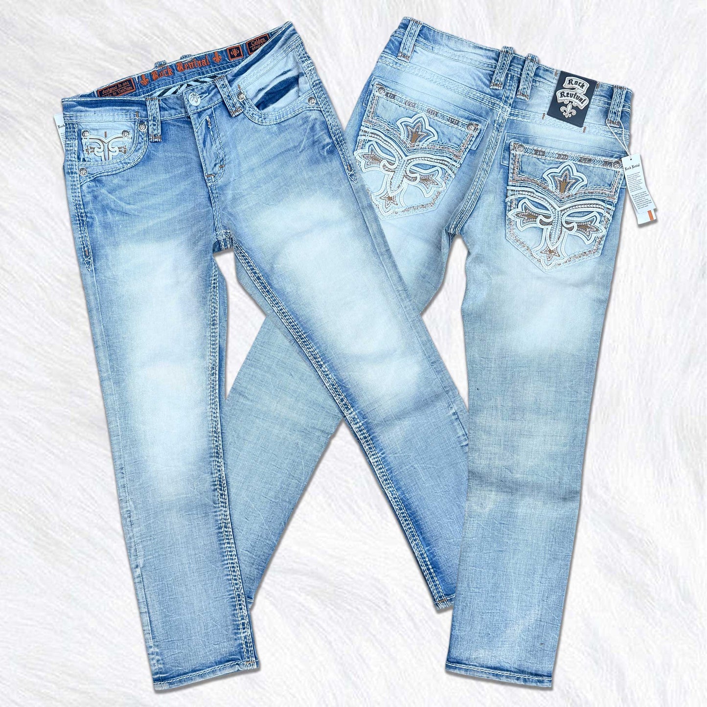 Rock Revival Calden Straight Jeans - Ice Wash Cross Fleur de Lis