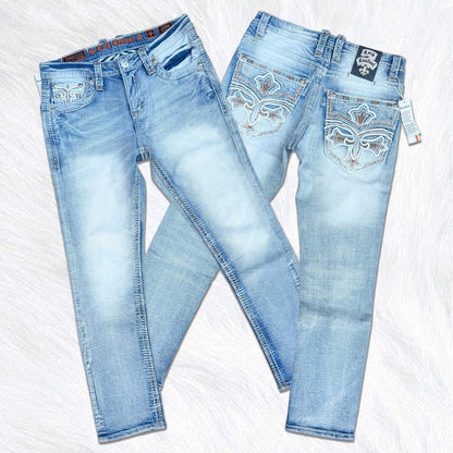 Rock Revival Calden Straight Jeans - Ice Wash Cross Fleur de Lis