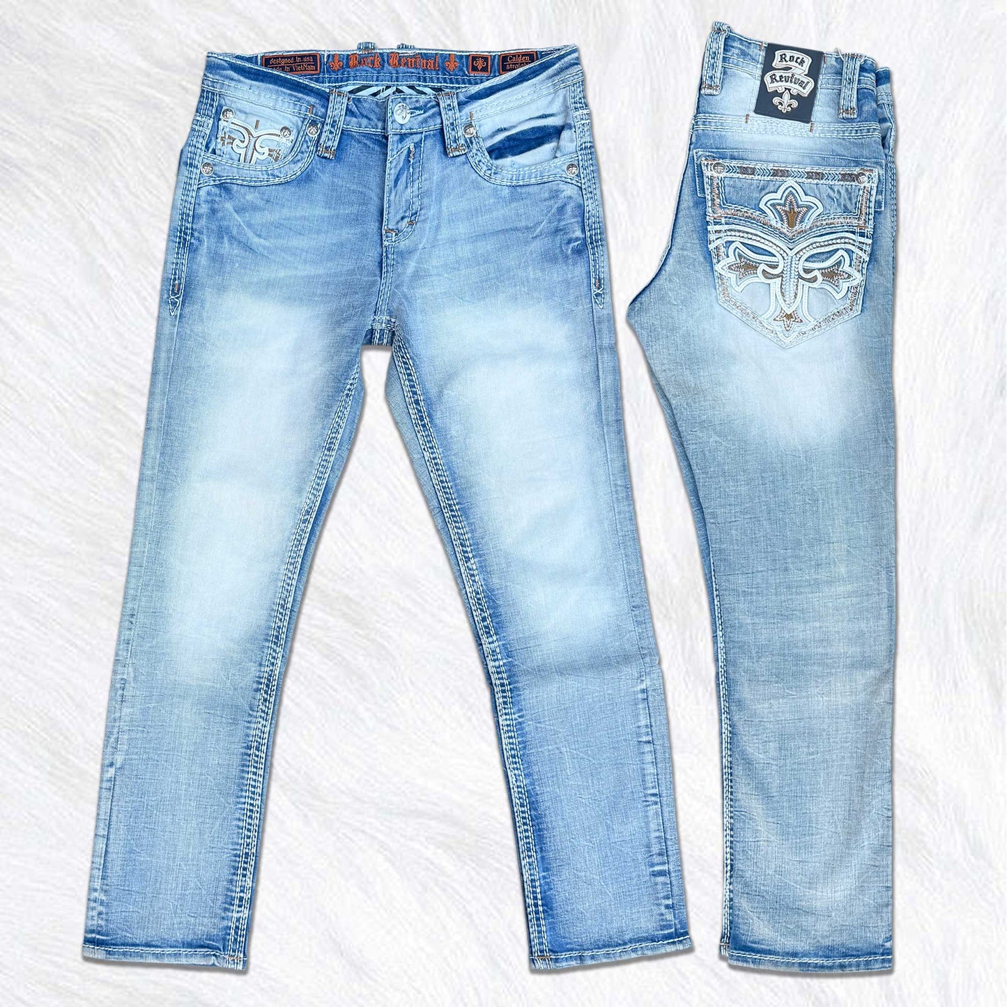 Rock Revival Calden Straight Jeans - Ice Wash Cross Fleur de Lis