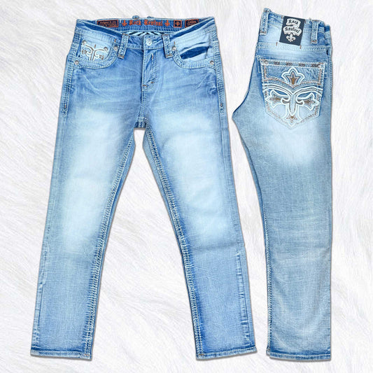 Rock Revival Calden Straight Jeans - Ice Wash Cross Fleur de Lis