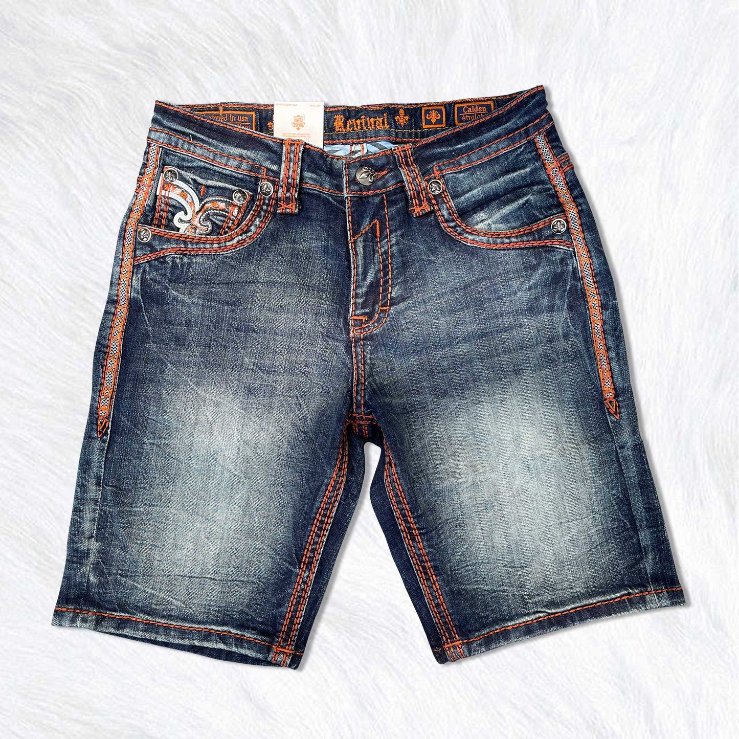 Rock Revival Calden Denim Shorts - Medium Wash Orange Stitch