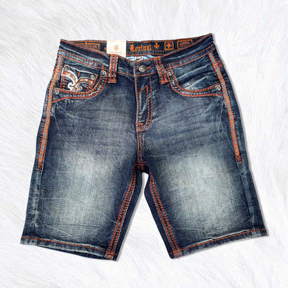 Rock Revival Calden Denim Shorts - Medium Wash Orange Stitch