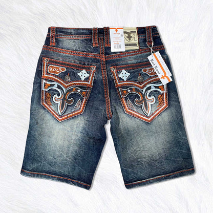 Rock Revival Calden Denim Shorts - Medium Wash Orange Stitch