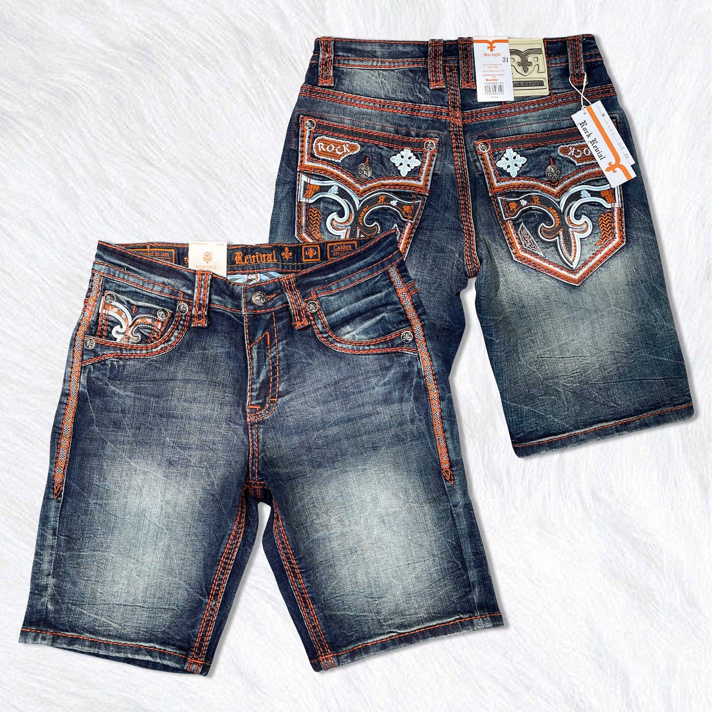 Rock Revival Calden Denim Shorts - Medium Wash Orange Stitch