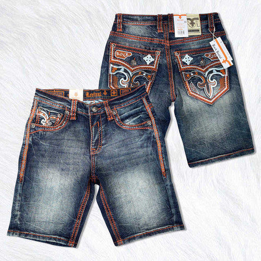 Rock Revival Calden Denim Shorts - Medium Wash Orange Stitch
