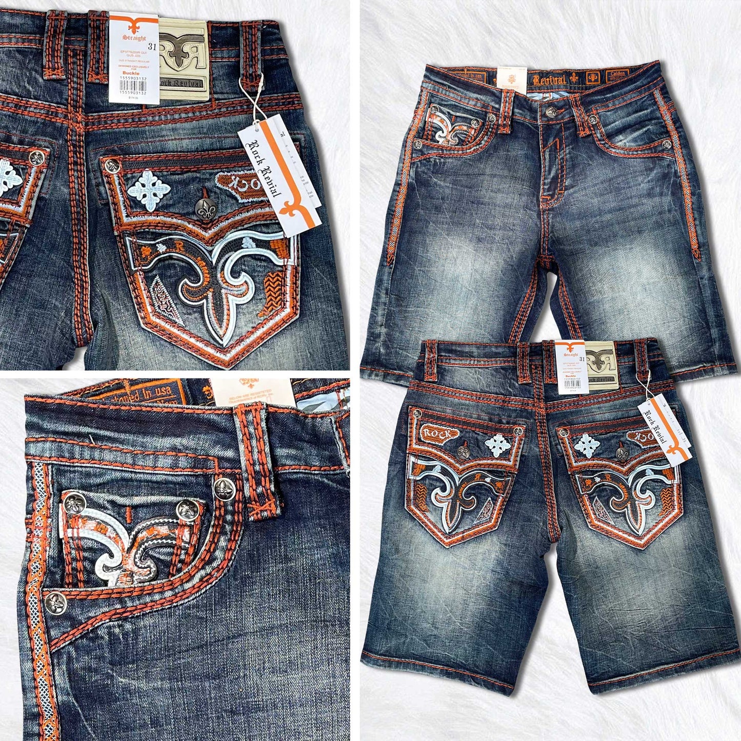 Rock Revival Calden Denim Shorts - Medium Wash Orange Stitch
