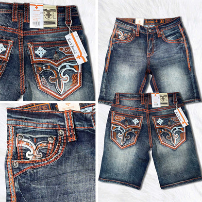 Rock Revival Calden Denim Shorts - Medium Wash Orange Stitch