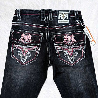 Rock Revival Calden Straight Jeans - Western Longhorn Bull Skull