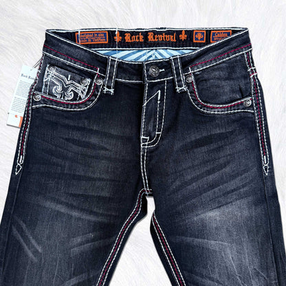 Rock Revival Calden Straight Jeans - Western Longhorn Bull Skull