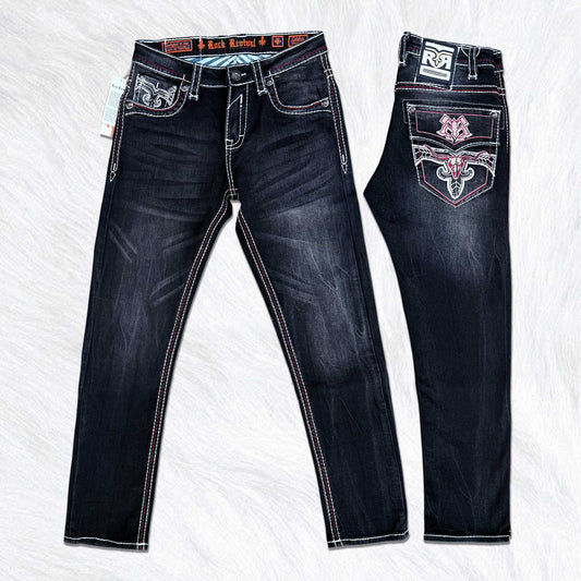 Rock Revival Calden Straight Jeans - Western Longhorn Bull Skull