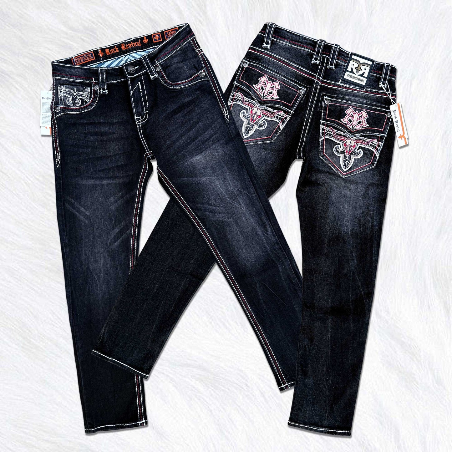 Rock Revival Calden Straight Jeans - Western Longhorn Bull Skull