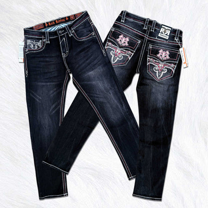 Rock Revival Calden Straight Jeans - Western Longhorn Bull Skull