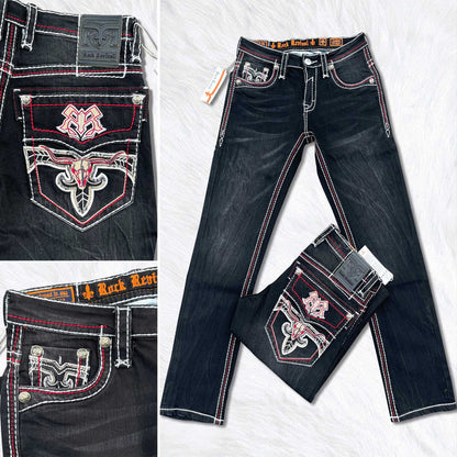 Rock Revival Calden Straight Jeans - Western Longhorn Bull Skull